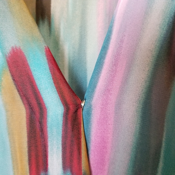 Bisou Bisou Multi Color Stripe Faux Wrap Cinched Front Long Sleeve Sheer Top - Picture 3 of 14